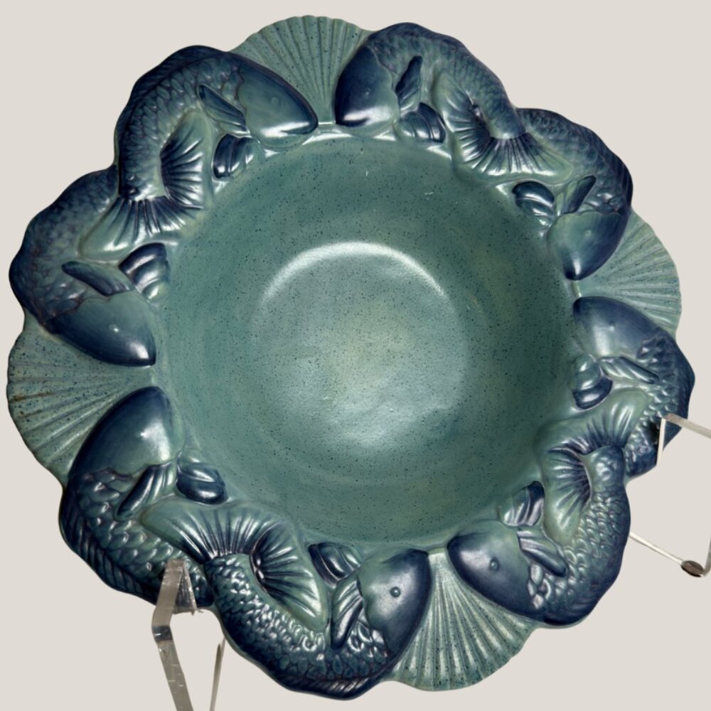 Vintage Silvestri Ceramic Bowl  Embossed Fish & Seashell Design, Sea Green Glaze